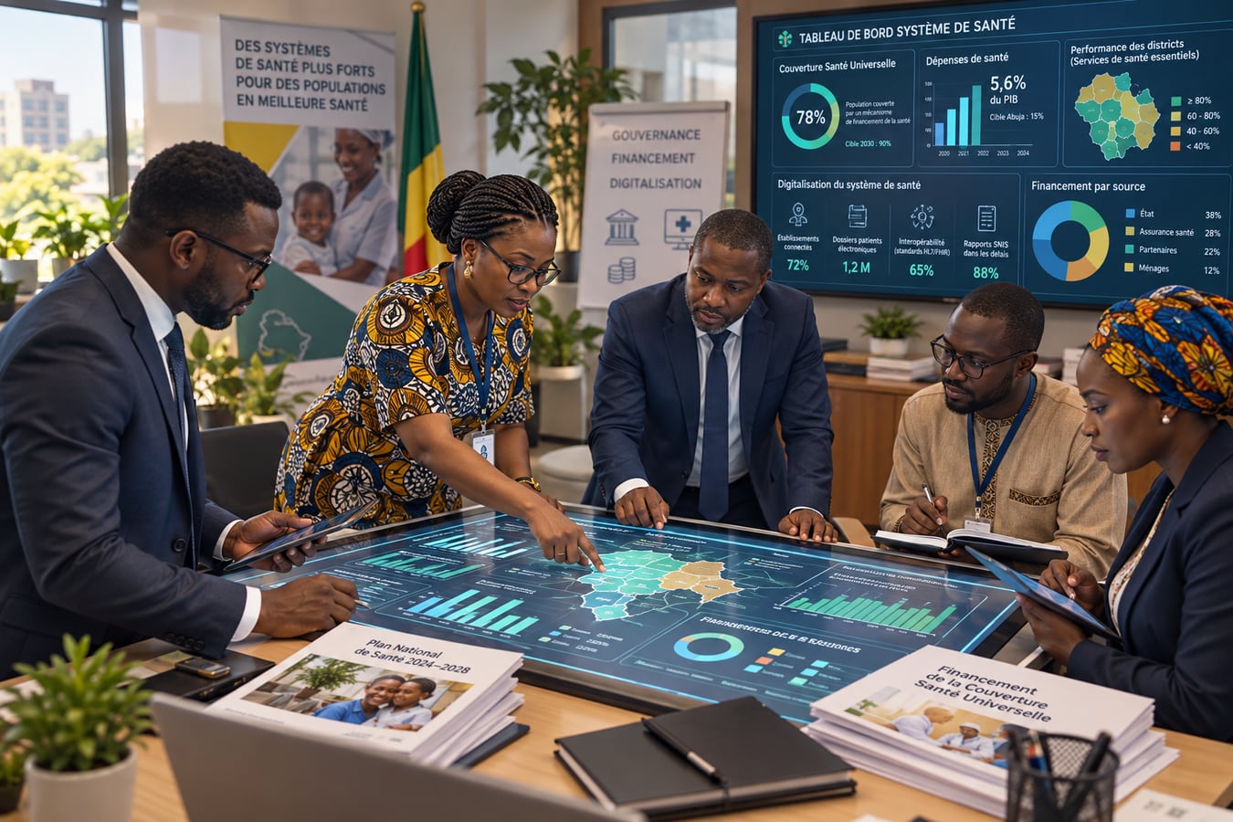 Réunion de travail autour d'un ordinateur affichant des tableaux de bord, devant des supports de planification du financement de la santé